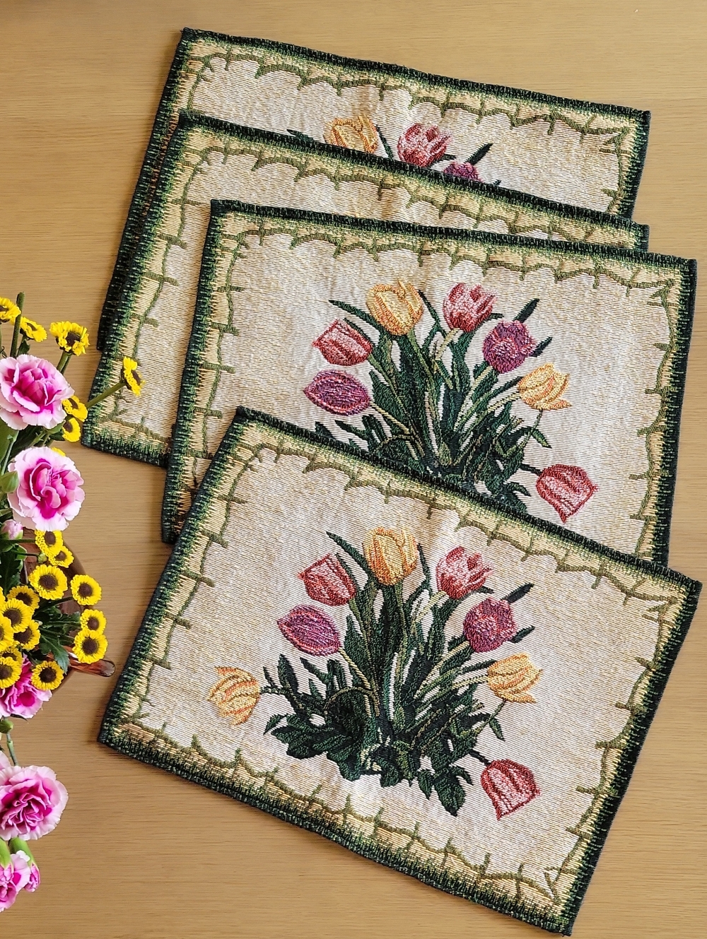 Tulip Bouquet Tapestry Woven Placemats - Set of 4 - Pink & Yellow Tulips